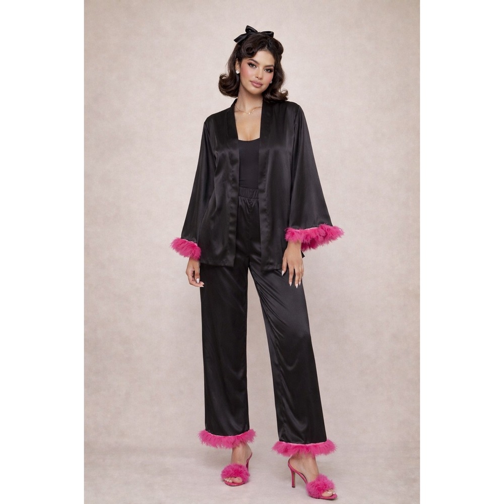 Romantic Fun Y2K Satin Pajama Set Pink Feather Trim Lounge Glam Set  M